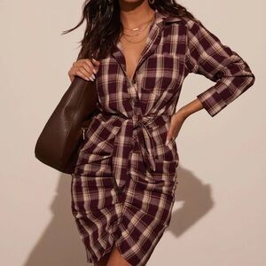 Cotton Ruched Plaid Shirt Dress